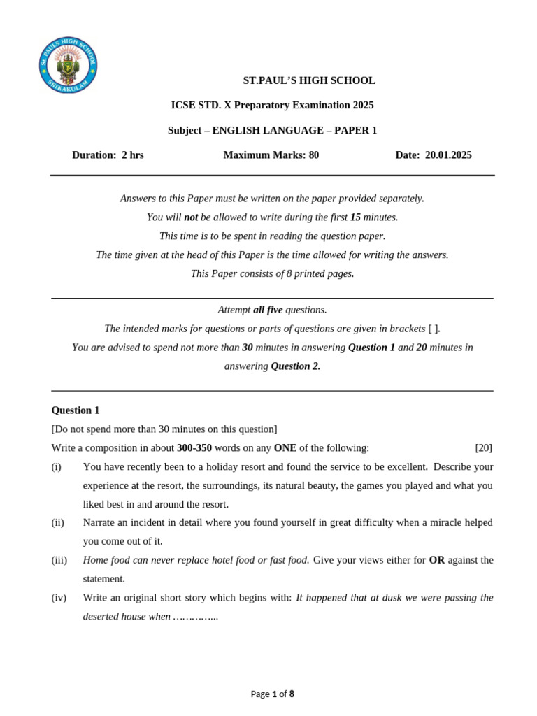 ICSE Std. X English Language Exam 2025 | PDF