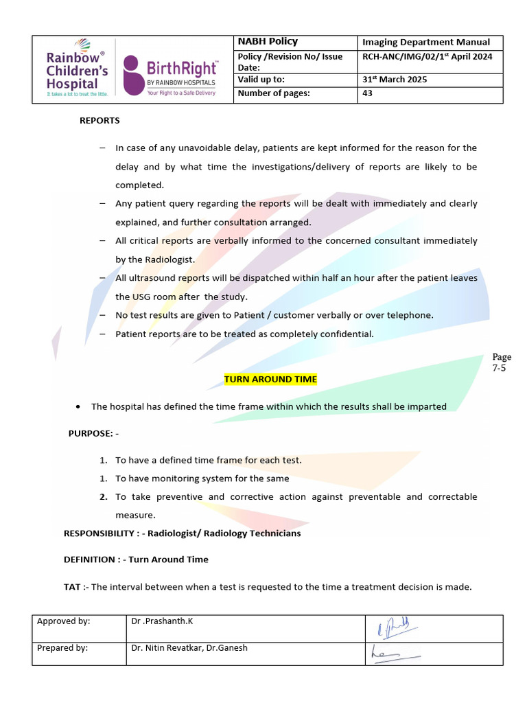 NABH Imaging Department Policy 2024 | PDF | Radiology | Medical Specialties