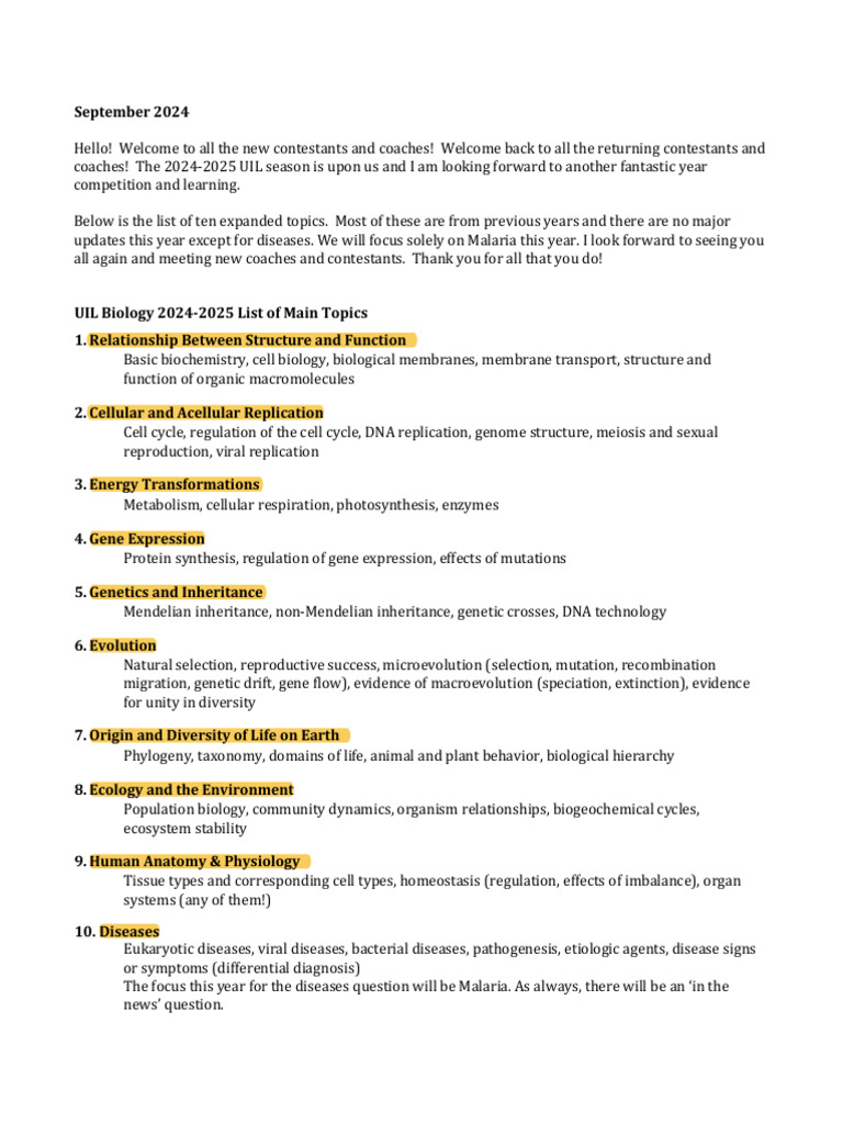 UIL Biology Topics for 2024-2025 | PDF | Cell (Biology) | Biology