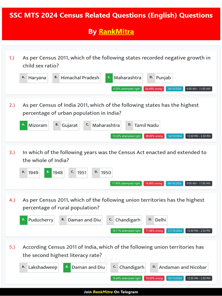 SSC MTS 2024 Census Questions Guide | PDF | South Asia | Asia