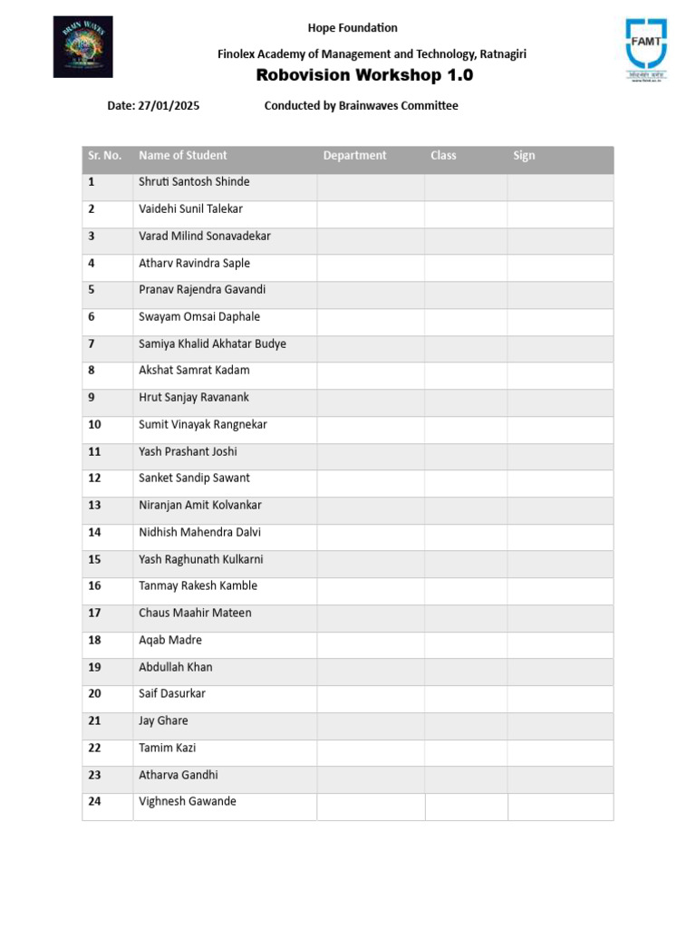 Workshop Attendance List: Robovision 1.0 | PDF