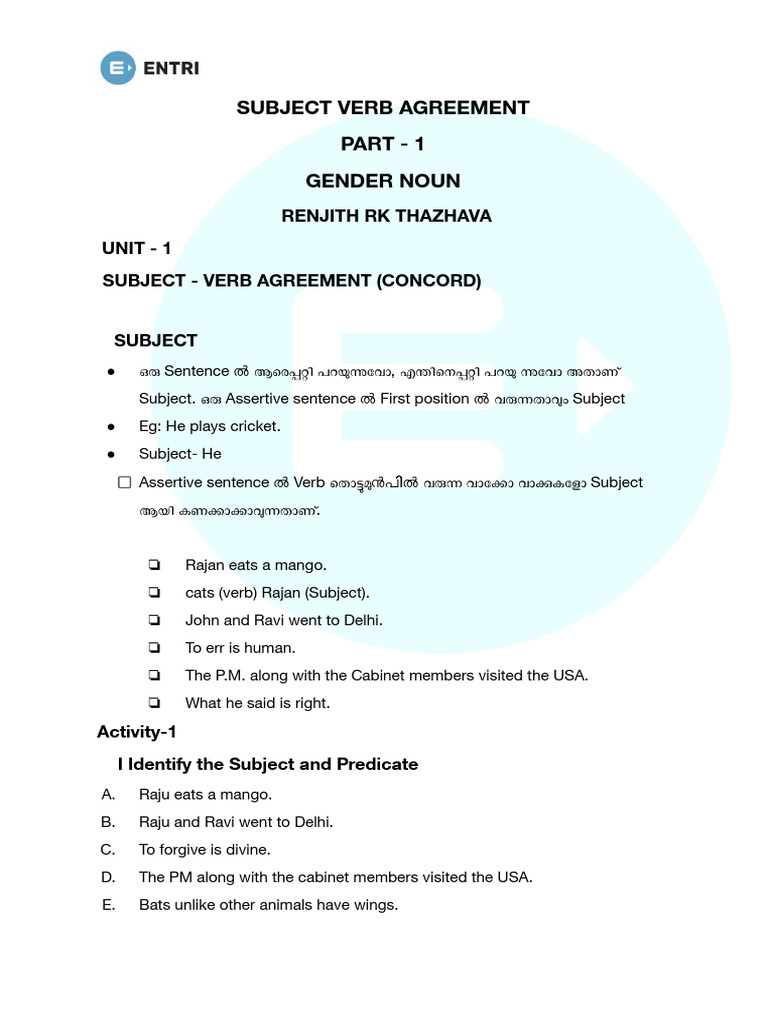 Subject-Verb Agreement and Gender Nouns | PDF | Subject (Grammar) | Verb