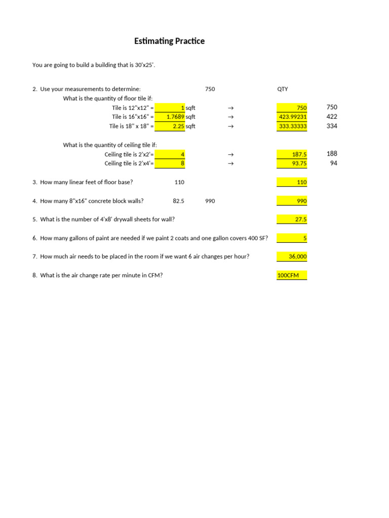 Construction Estimation Worksheet | PDF