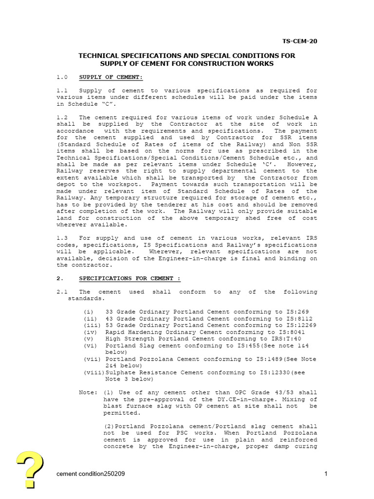 Cement Supply Specifications Guide | PDF | Concrete | Cement