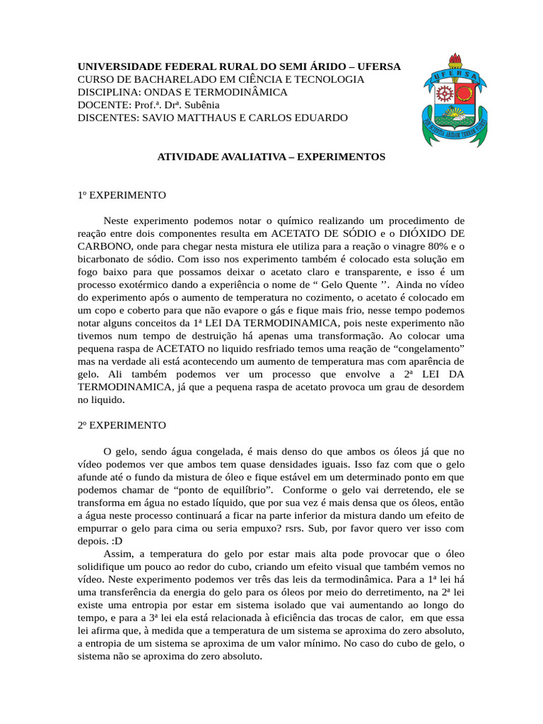 Universidade Federal Rural Do Semi Árido - Experimentos | PDF | Calor ...