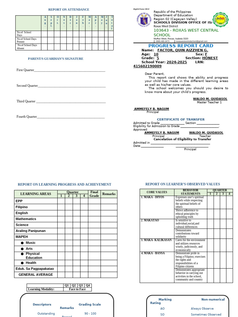 Attendance Report for DepEd Form 138 | PDF | Teachers