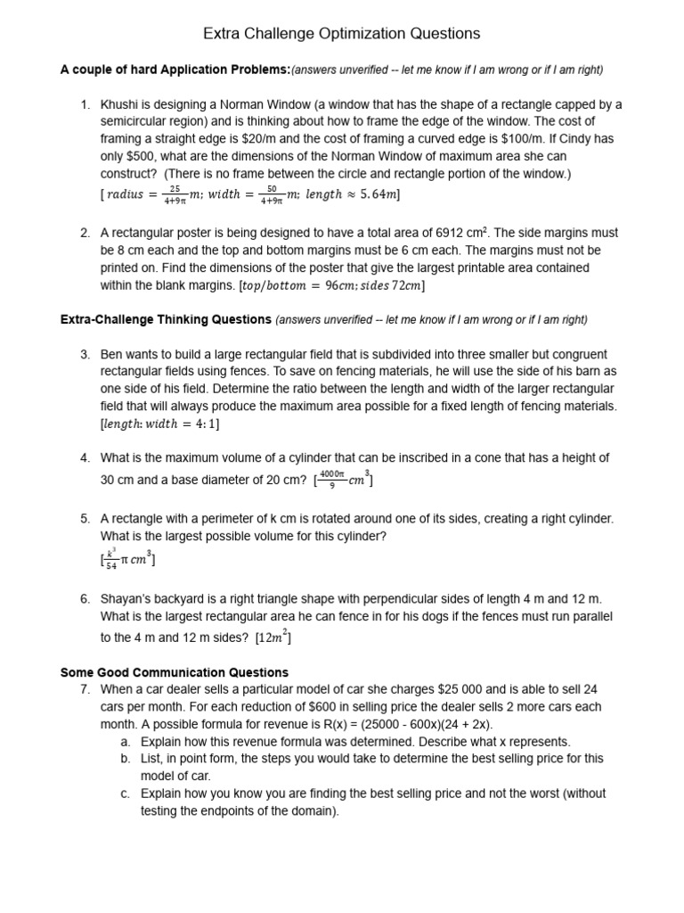09B Extra Challenge Optimization Problems - MCV4U | PDF | Area ...