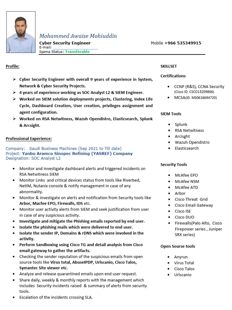 Cyber Security Engineer Resume | PDF | Computer Network | Active Directory