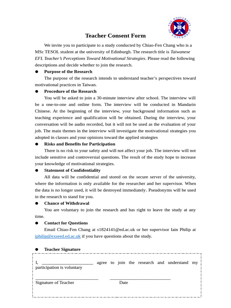 Teacher Consent for Motivational Study | PDF | Learning | Motivation