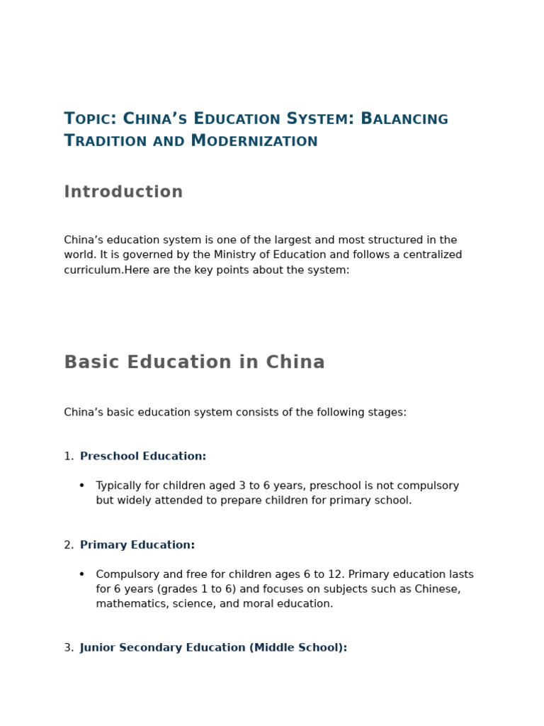 China's Education System Overview | PDF | Middle Schools | Schools