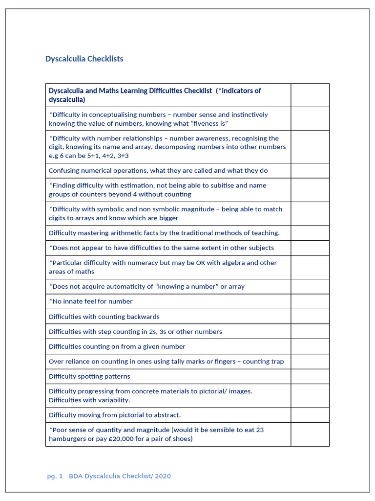 Dyscalculia Indicators Checklist | PDF | Numbers | Time