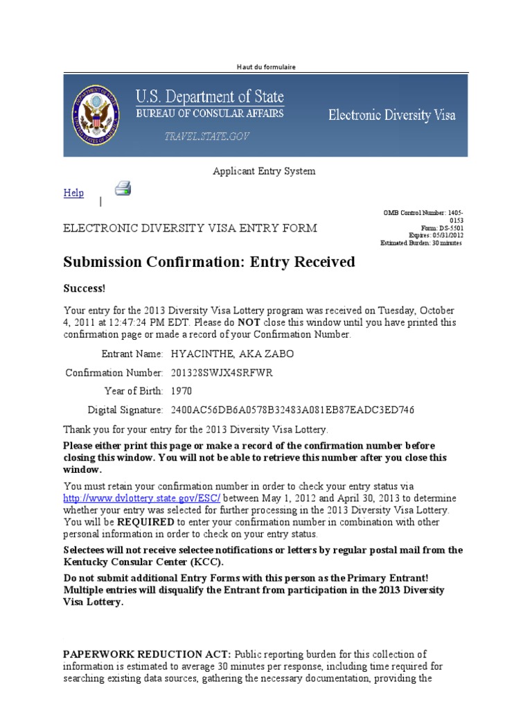 Submission Confirmation: Entry Received: Electronic Diversity Visa Entry  Form | PDF | Travel Visa | United States Department Of State