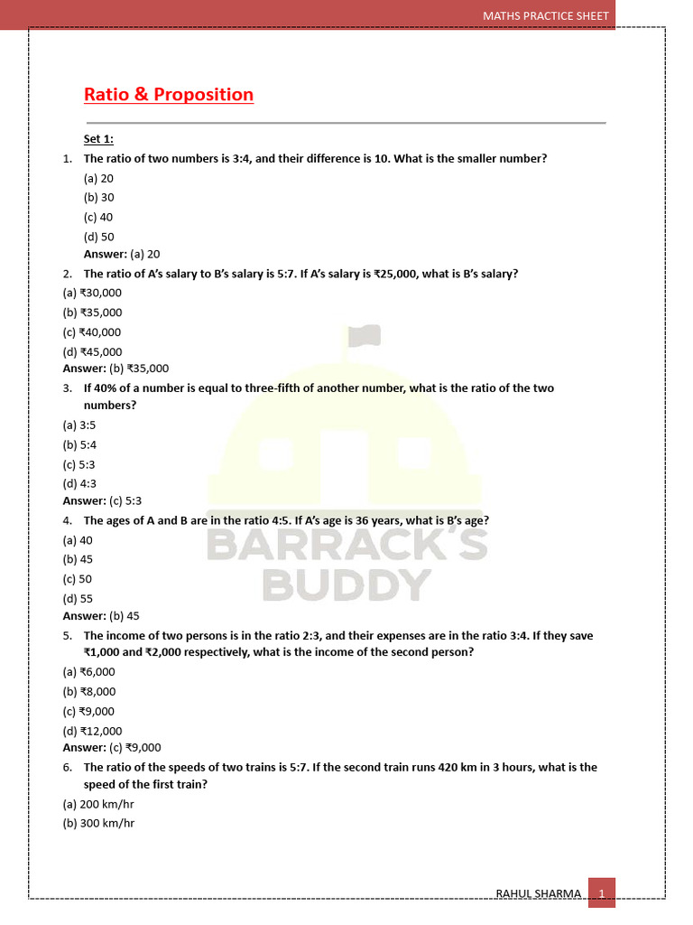 Ratio and Proportion Math Practice | PDF | Area | Length