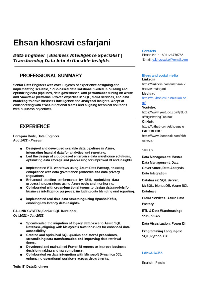 Ehsan Khosravi: Data Engineering Expert | PDF | Apache Spark | Databases