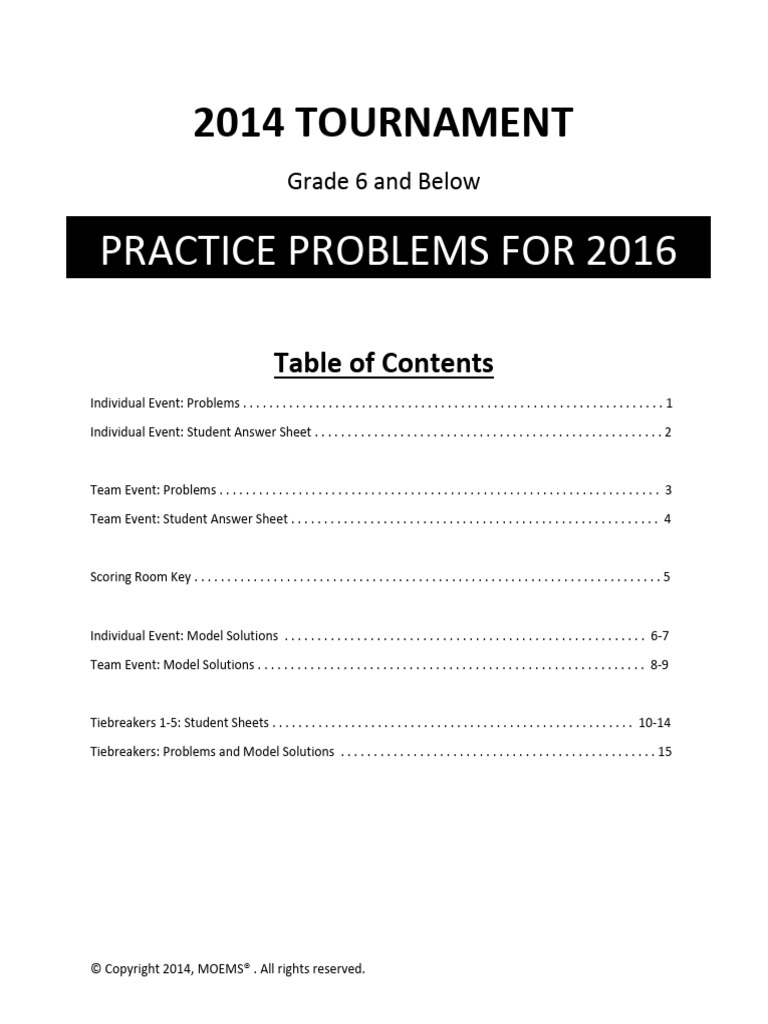 MOEMS 2014 Grade 6 Problems | PDF | Multiplication | Elementary Mathematics