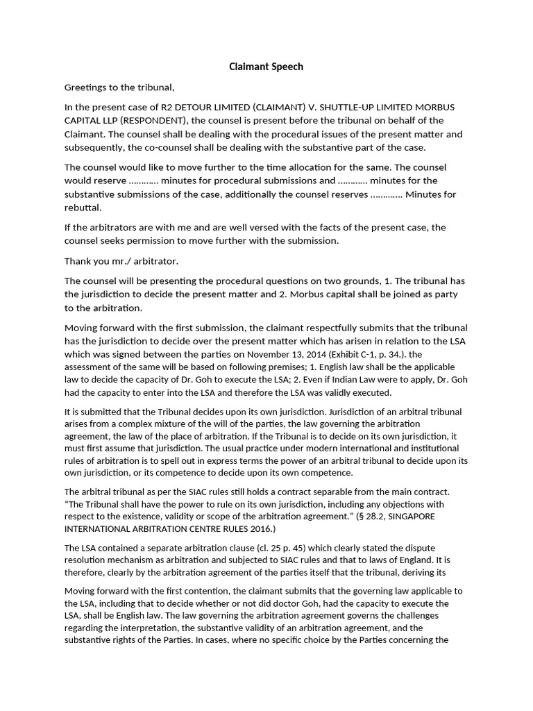 Claimant Speech Procedural Part | PDF | Arbitration | Arbitral Tribunal
