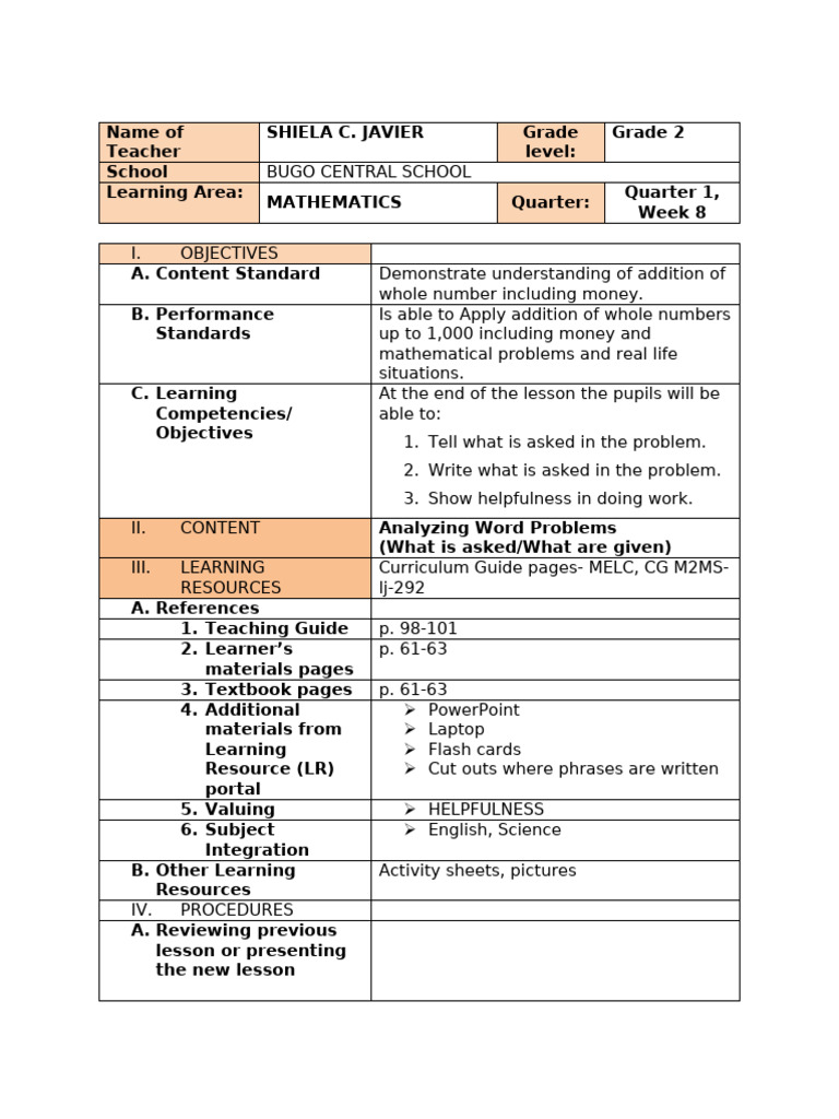 Grade 2 Math Lesson: Addition Skills | PDF | Learning | Curriculum