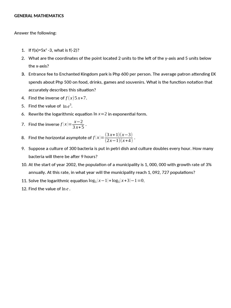 General Mathematics Problem Set | PDF