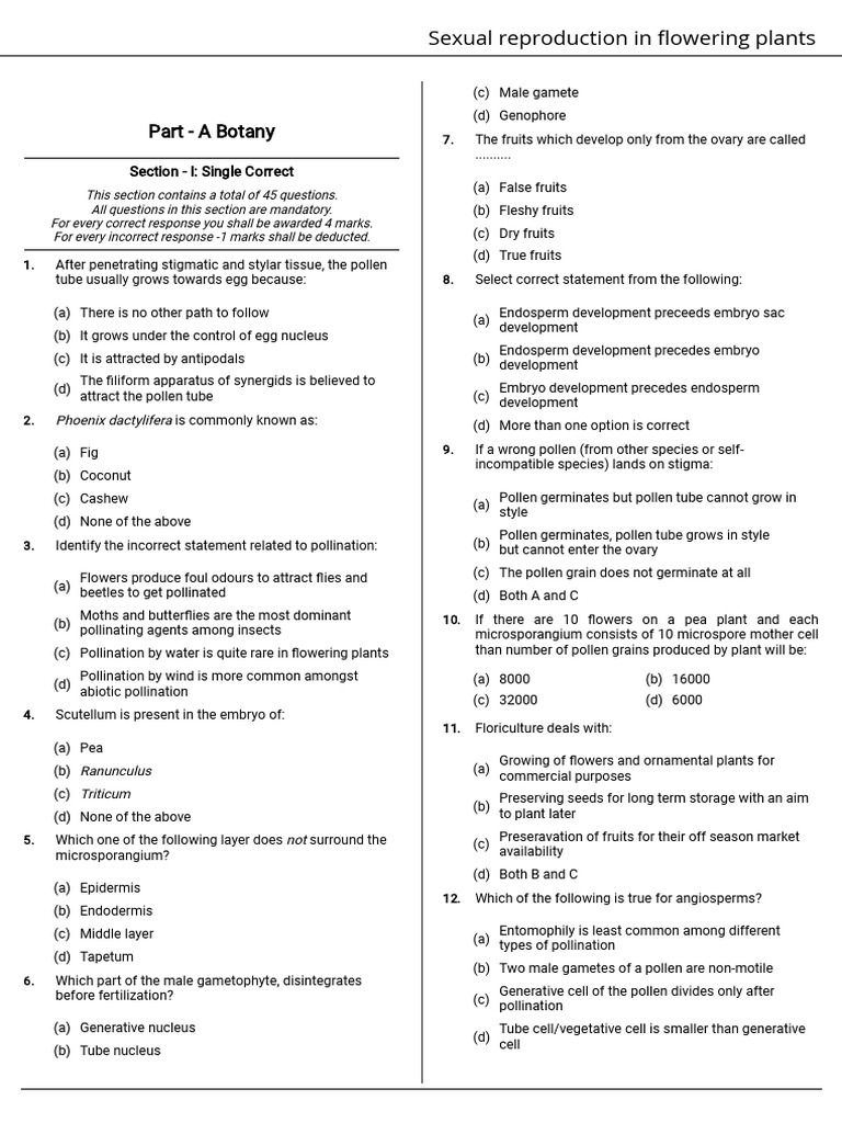 Sexual Reproduction in Flowering Plants-TestPaper | PDF | Flowers | Seed