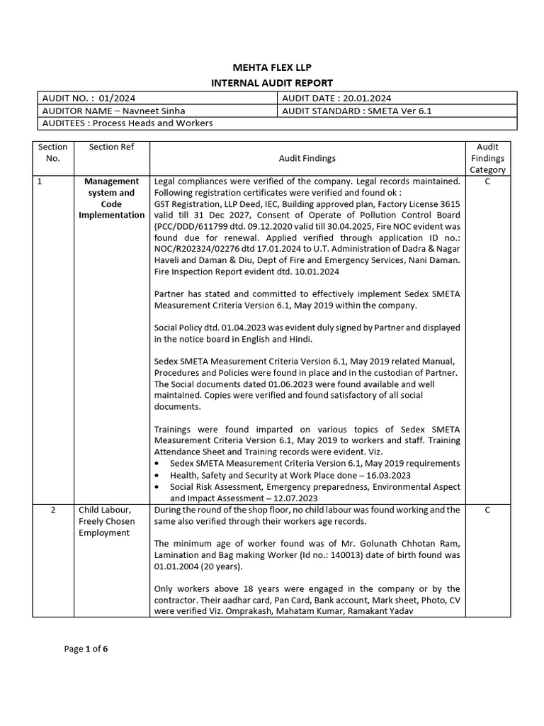 Mehta Flex LLP Internal Audit Report 2024 | PDF | Occupational Safety ...