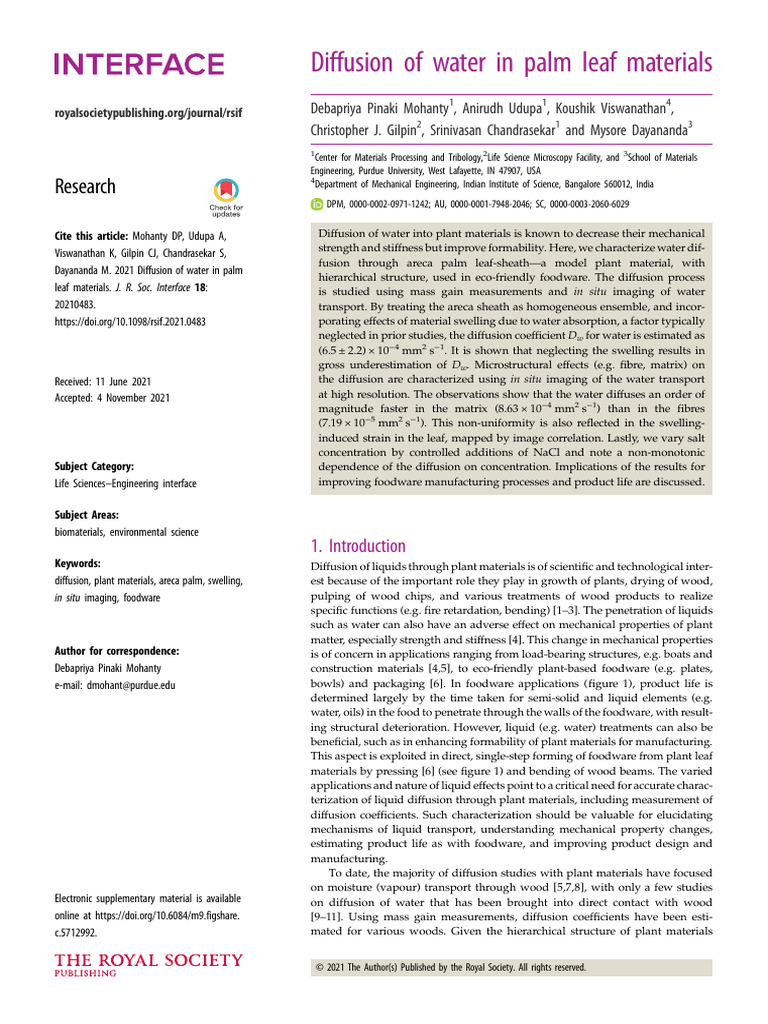 Mohanty Et Al 2021 Diffusion of Water in Palm Leaf Materials | PDF ...