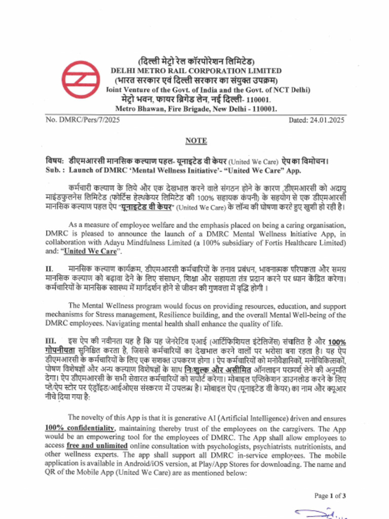 Launch of DMRC _Mental Wellness Initiative_- United We Care App | PDF