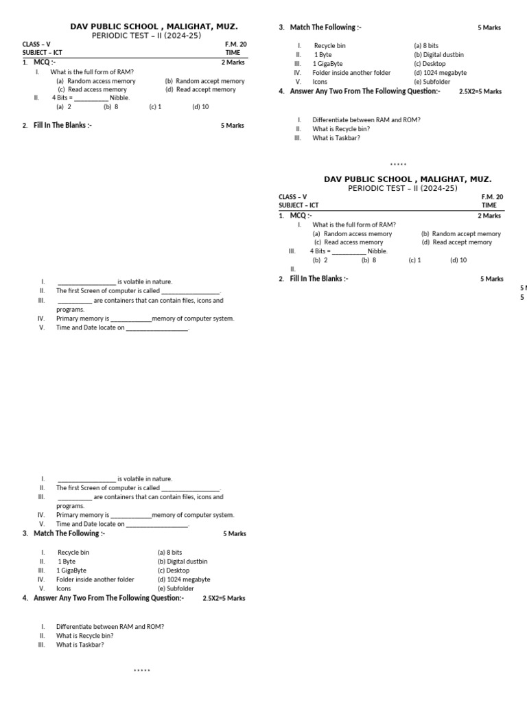 ICT Periodic Test II Class V 2024-25 | PDF | Computer Data Storage ...