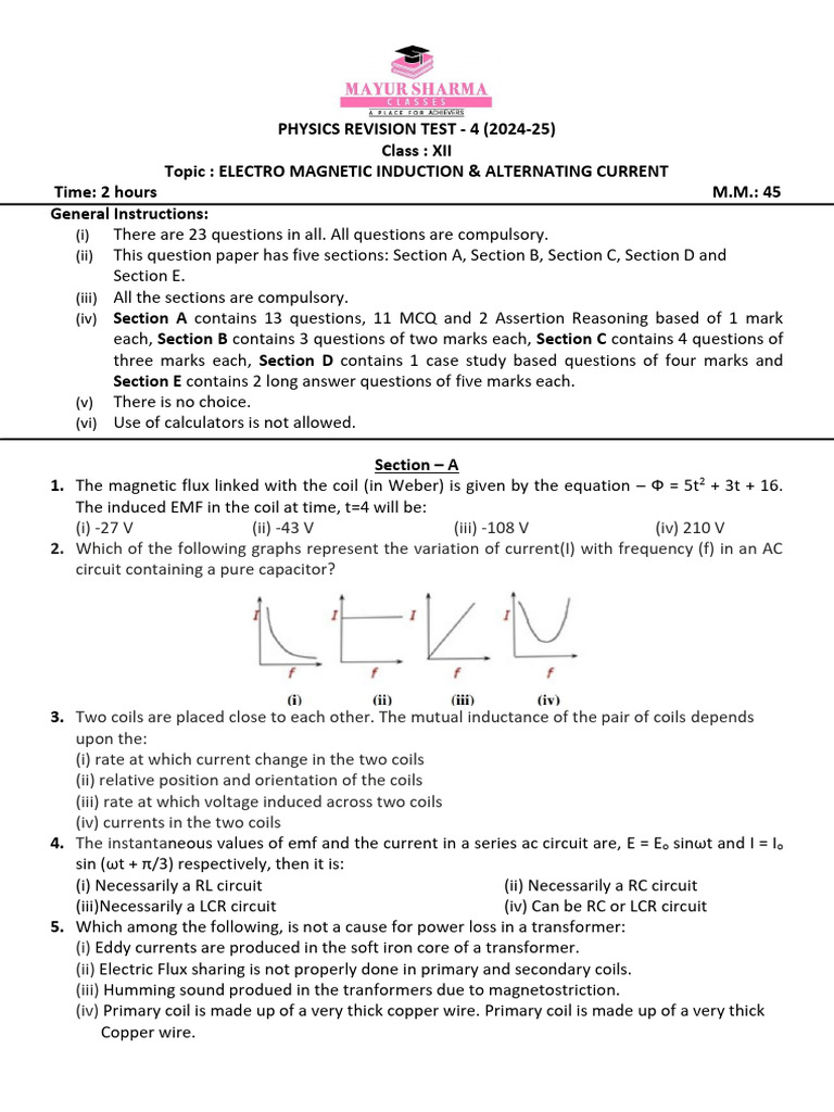 Physics XII: EM Induction & AC Test 2024 | PDF | Inductor | Electrical ...