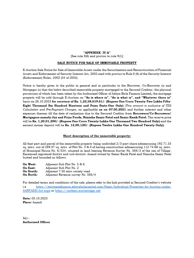 EAuction Sale Notice for Property PDF Security Interest Mortgage Law