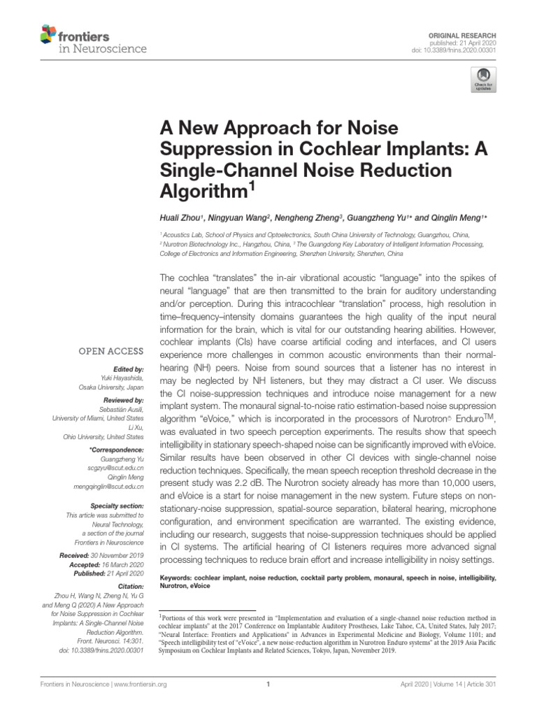 A New Approach For Noise Suppression in Cochlear I | PDF | Hearing ...