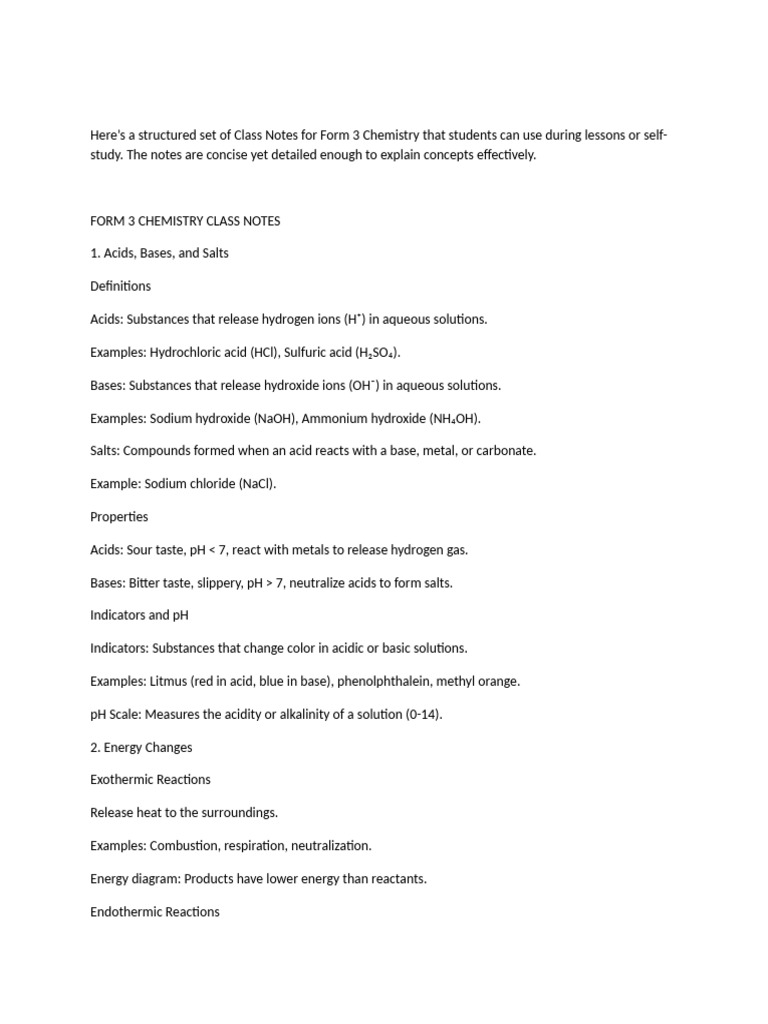 Form 3 Chemistry Class Notes | PDF | Mole (Unit) | Acid