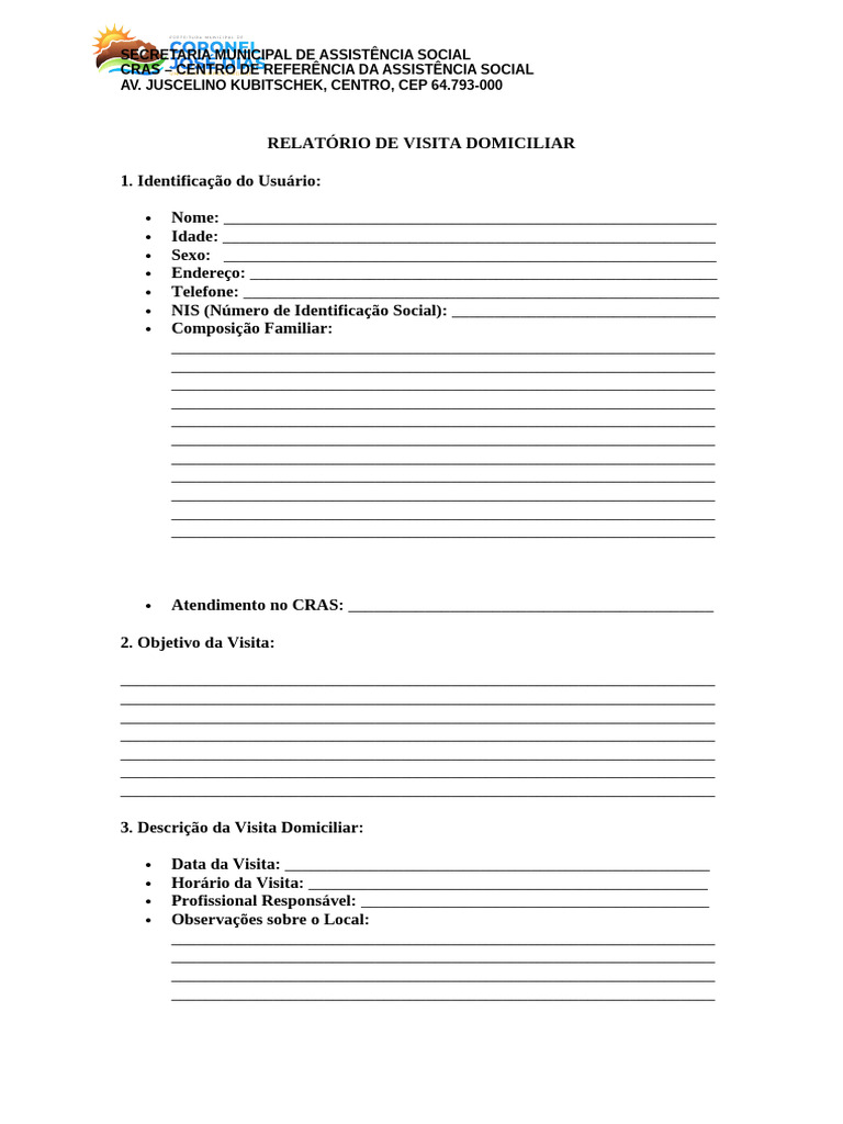 Relatório de Visita Domiciliar CRAS | PDF | Família | Sociologia