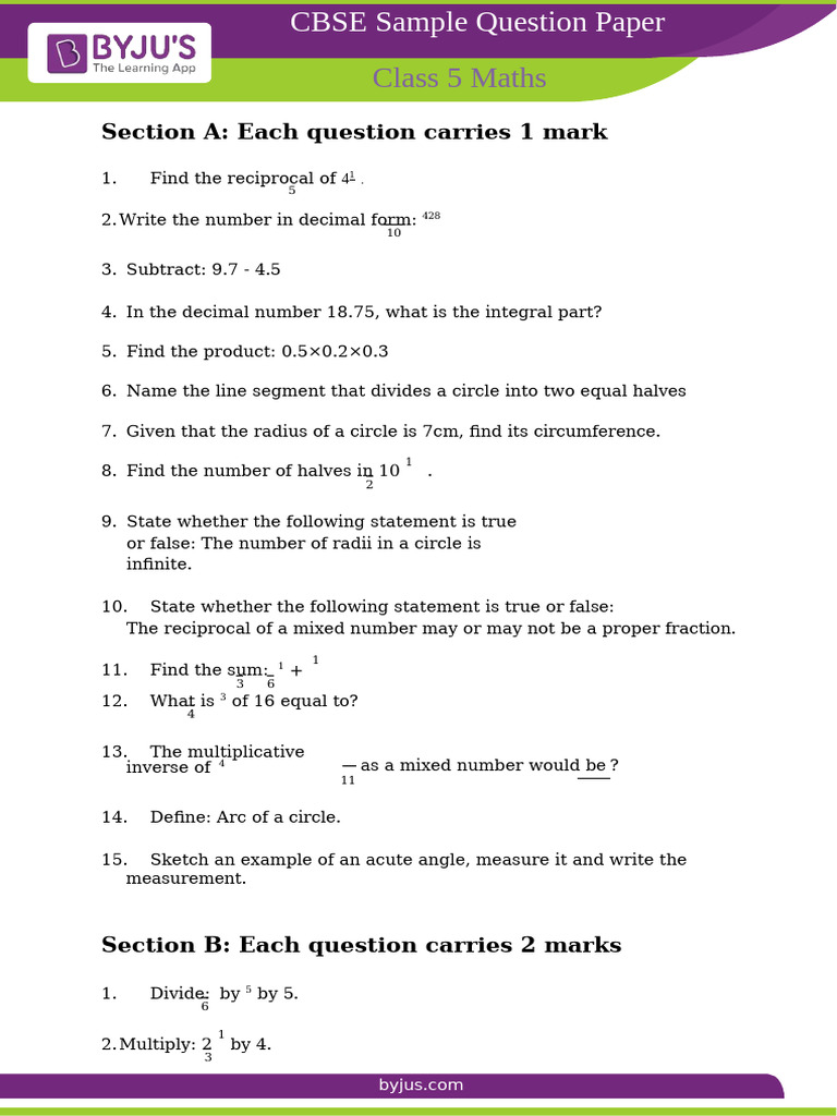 Class 5 Maths Sample Questions | PDF | Arithmetic | Mathematics