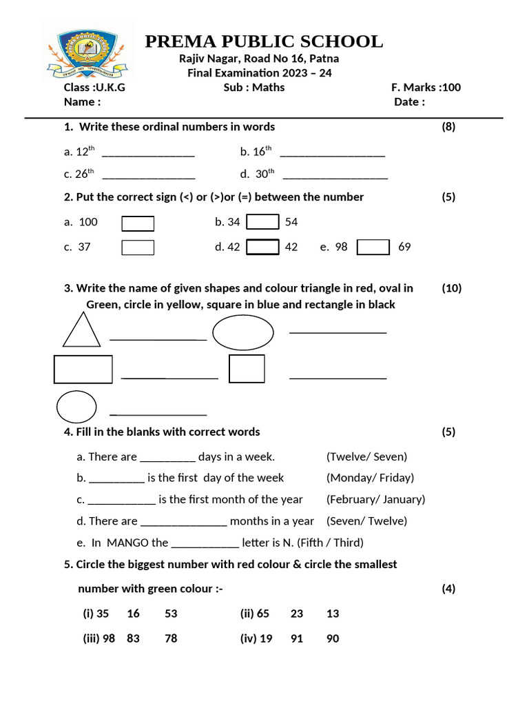 U.K.G Maths Final Exam Paper 2023-24 | PDF | Elementary Geometry ...