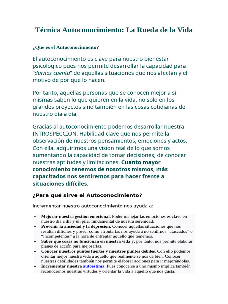 Rueda de la Vida: Mejora tu Autoconocimiento | PDF | Las emociones ...