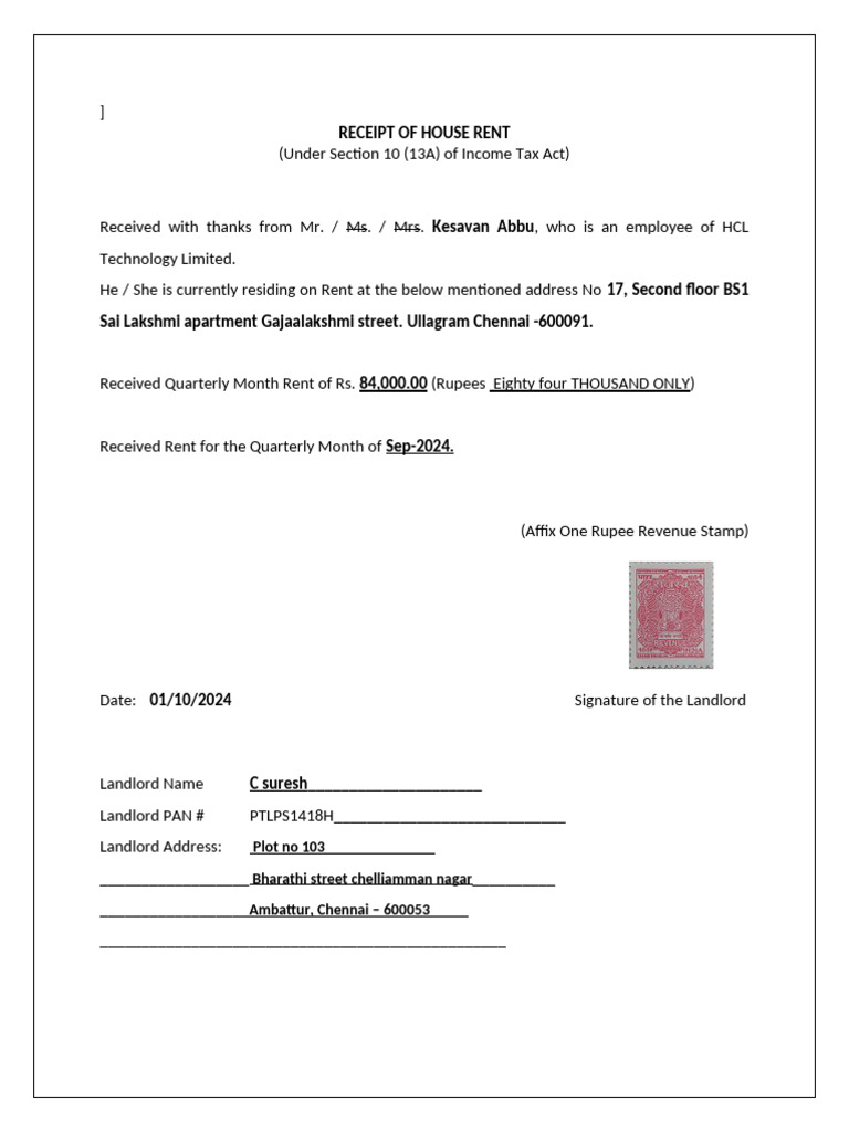 Quarterly House Rent Receipt Format | PDF