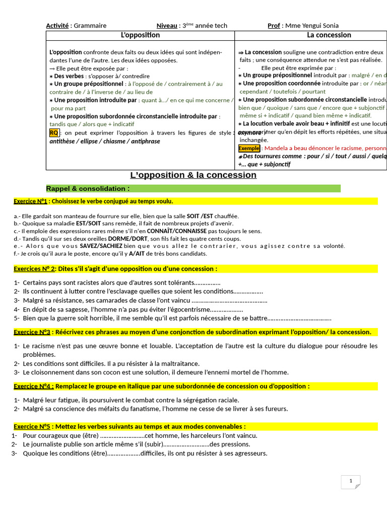 Opposition et concession : Exercices corrigés | PDF | Clause | Syntaxe