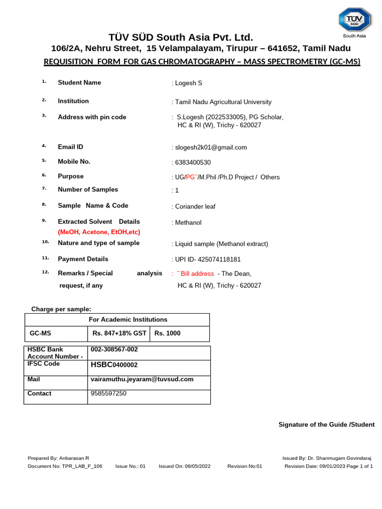 GC-MS Requisition for Academic Use | PDF