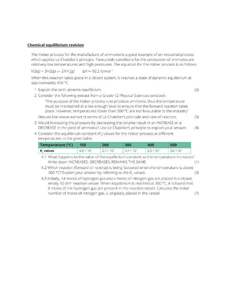 Chemical Equilibrium Revision | PDF