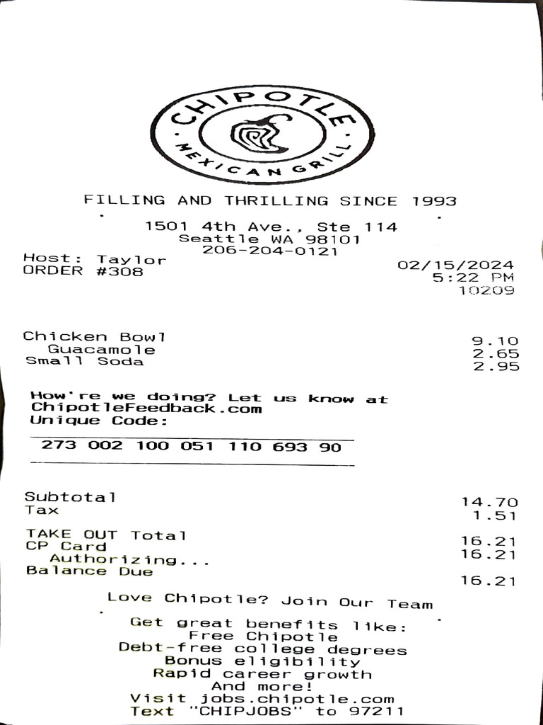 Chipotle Order Receipt #308 Details | PDF