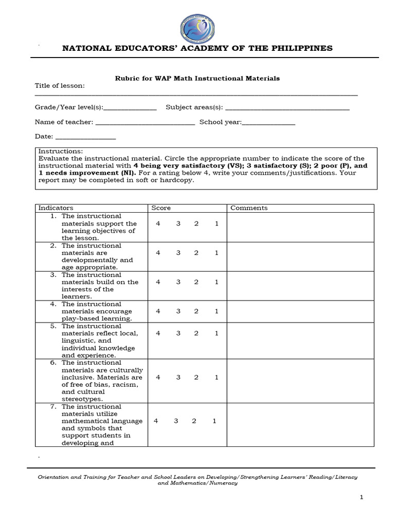 Rubric for Evaluating Instructional Materials | PDF | Literacy ...