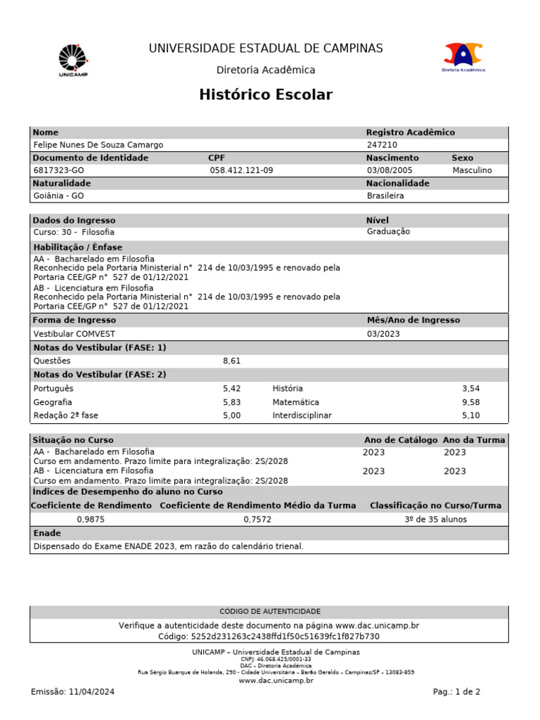 Historico Escolar de Graduacao Do Beneficiario - HistoricoEscolarAluno ...