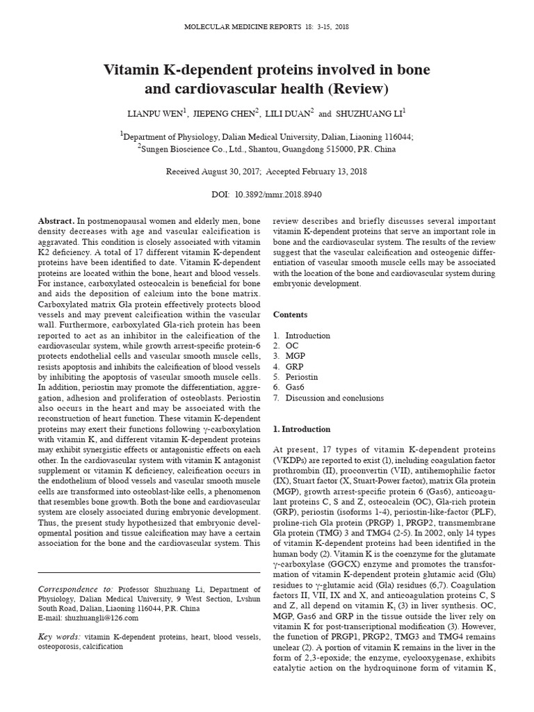 Vitamin K Dependent Proteins Involved in Bone and Cardiovascular Health ...