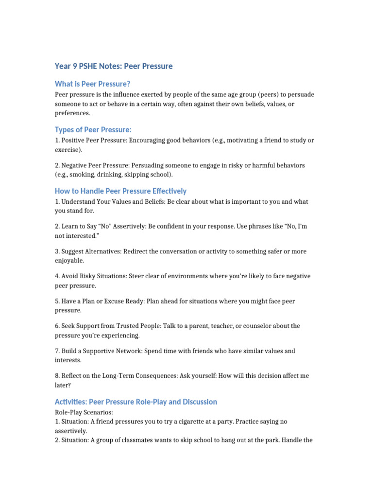 Year 9 PSHE: Peer Pressure & Safety Tips | PDF | Safety | Risk