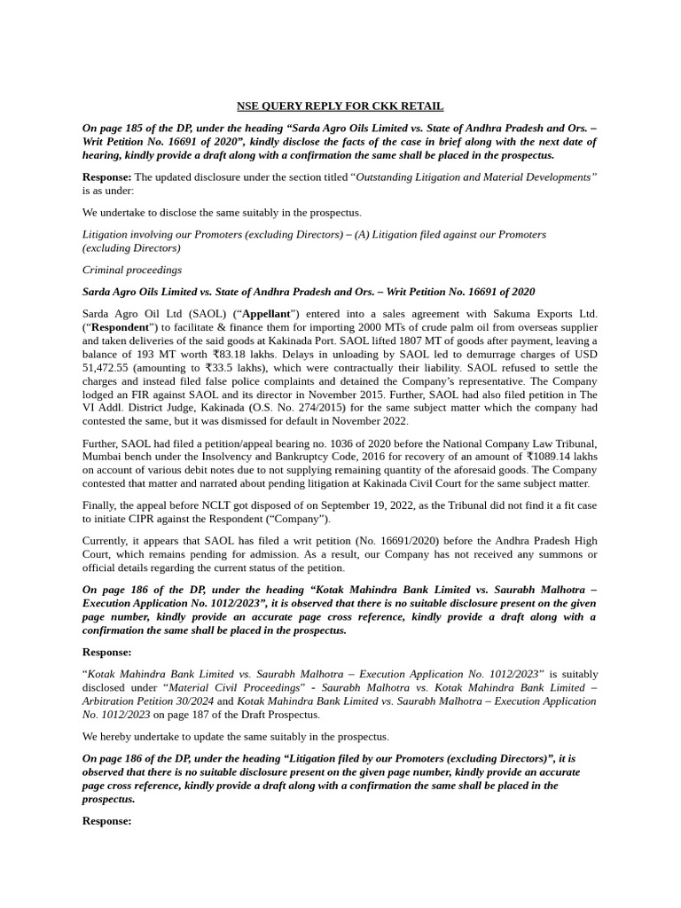 NSE Query Response: CKK Retail Litigation | PDF | Lawsuit | Legal Procedure