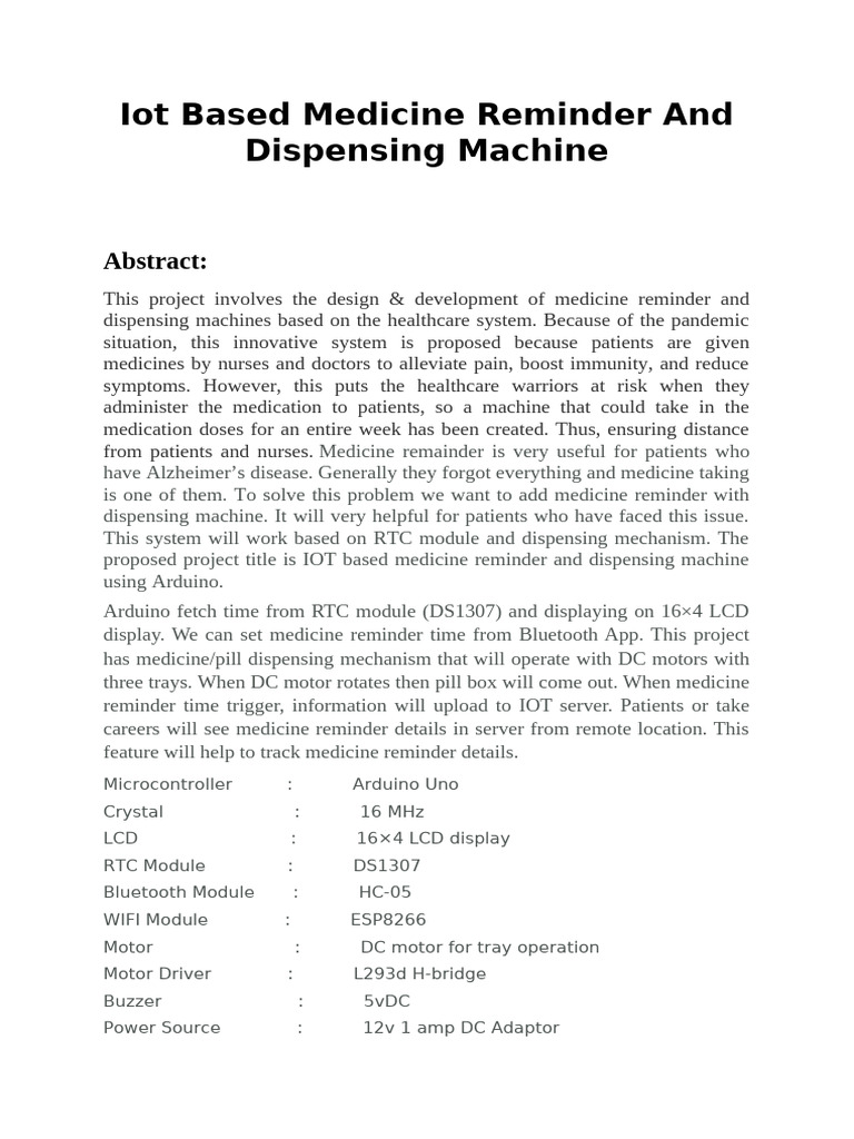 Iot Based Medicine Reminder and Dispensing Machine: Abstract | PDF
