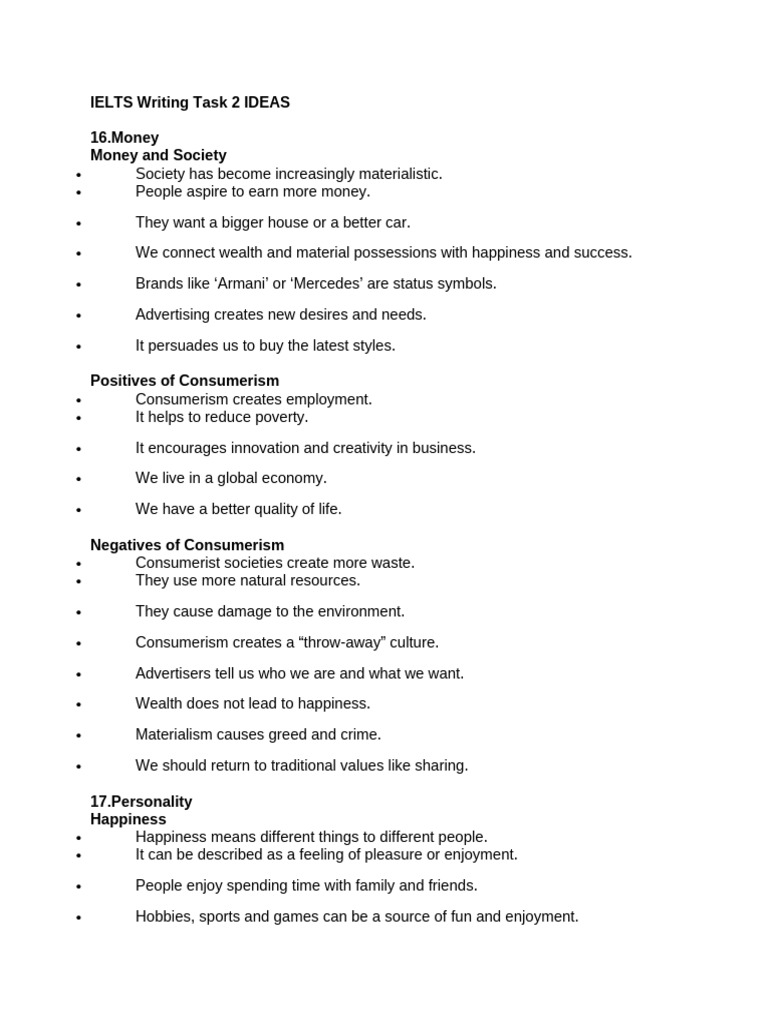 IELTS Writing Task 2 Ideas on Money, Happiness, and Sports | PDF | Cost ...