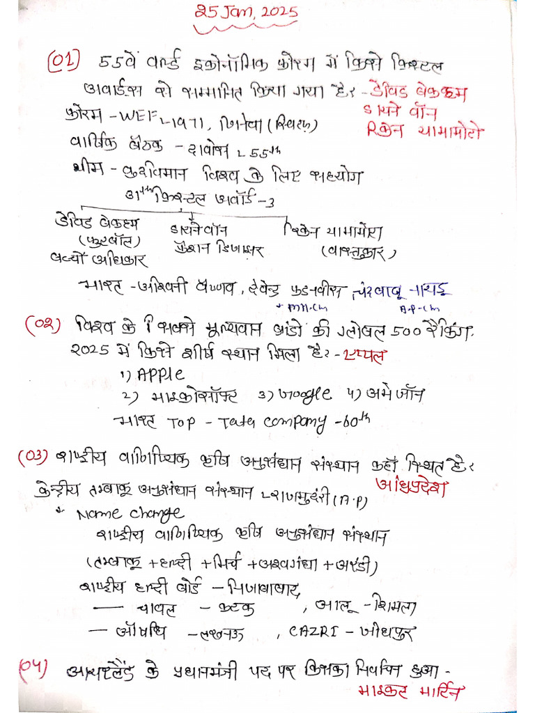 25 Jan Current Affairs Handwritten Notes | PDF