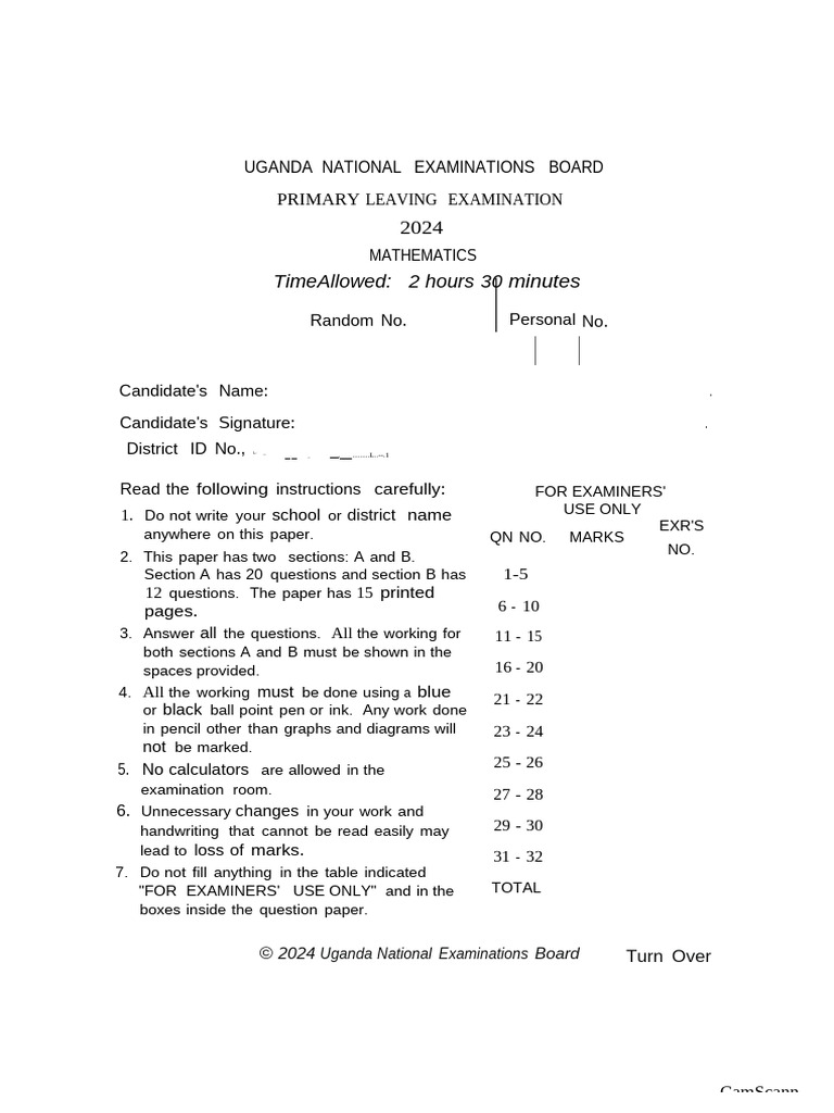 PLE 2024 Mathematics Exam Paper | PDF