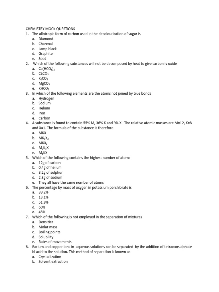 GH Mock Questions Chem | PDF | Gases | Chemical Bond